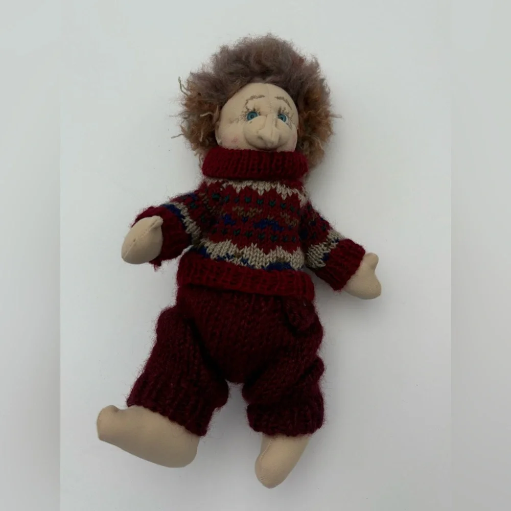 Handcrafted Plush Doll with Knitted Burgundy Sweater